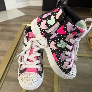 Skechers Twinkle Toes Kids' Black and Pink Heart Sneakers